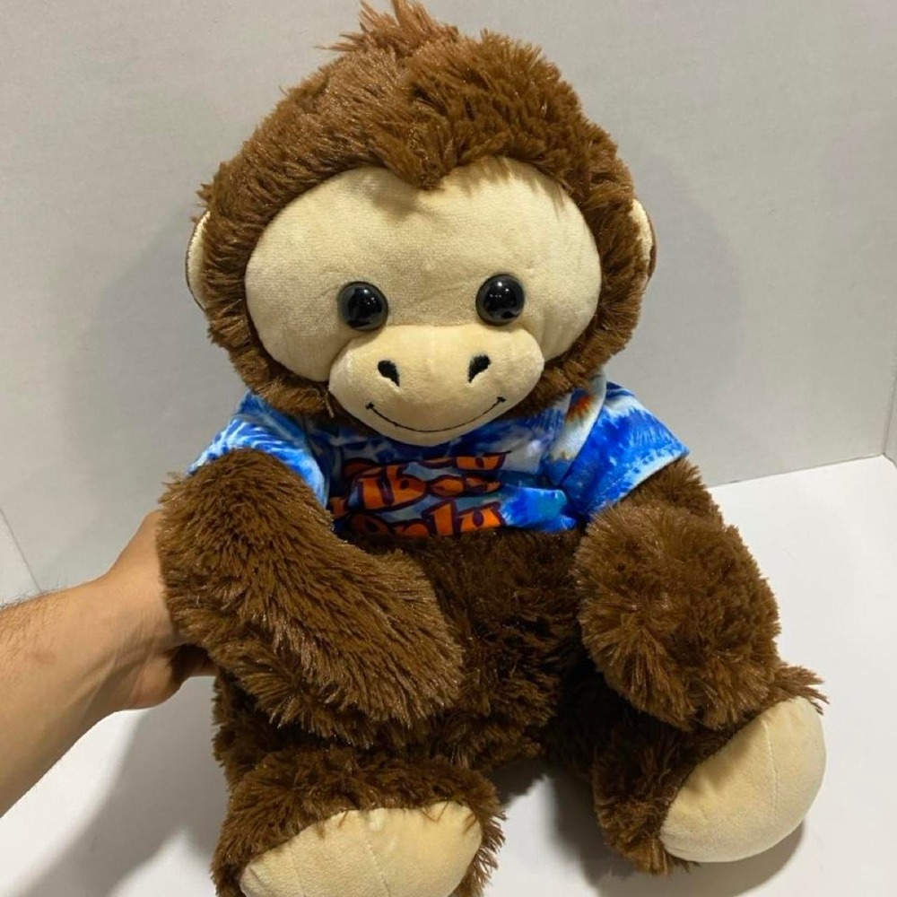 Brown monkey plush with blue tie-dye shirt logo good vibes only 14"H. SKU-A884